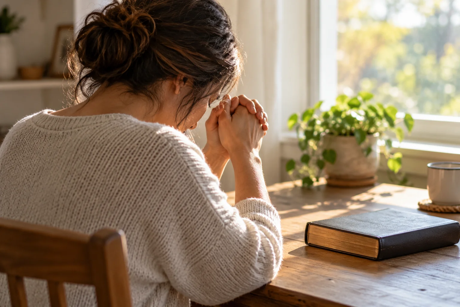 Symbolic AI-generated illustration: a woman prays with her hands clasped beside a window and a closed Bible.