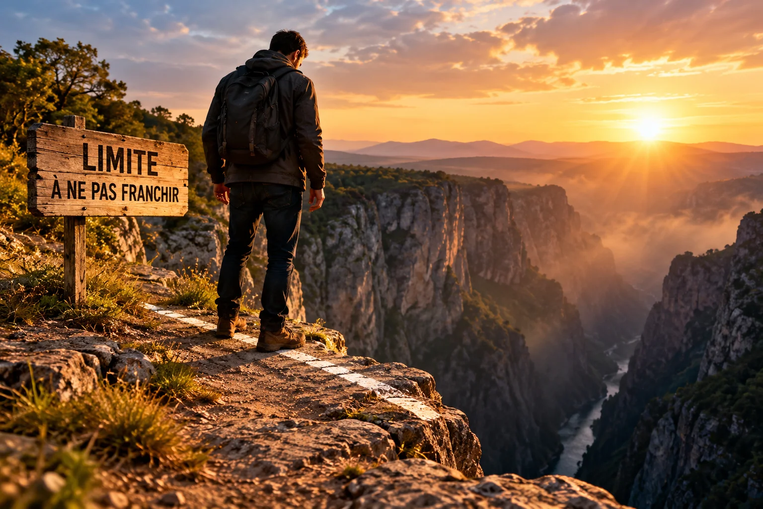 A man at the edge of a ravine at sunset, beside a French sign warning not to cross the boundary.