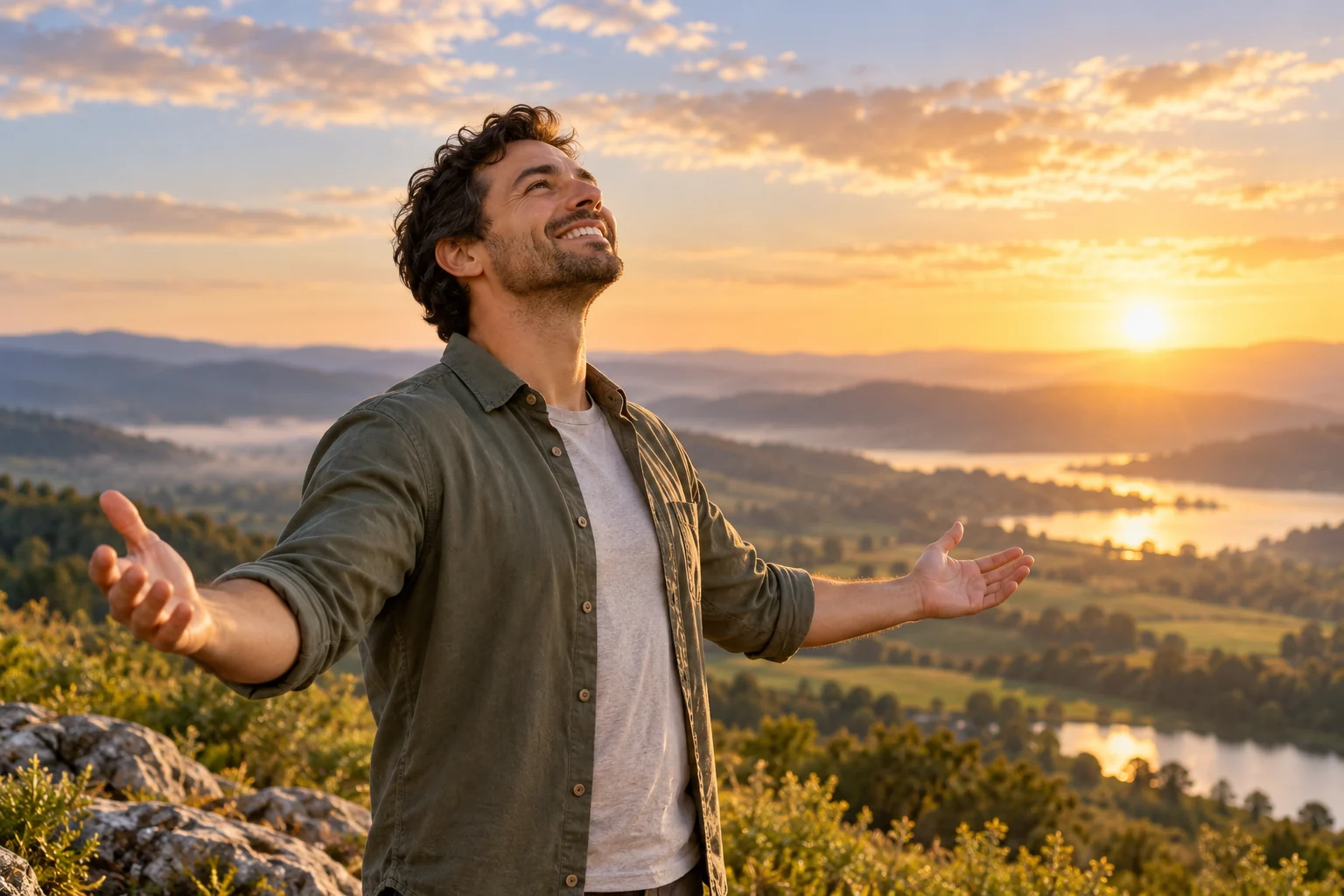 AI-generated illustration: a smiling man with open arms looking towards the sky in a sunlit dawn landscape, symbolising trust in God.
